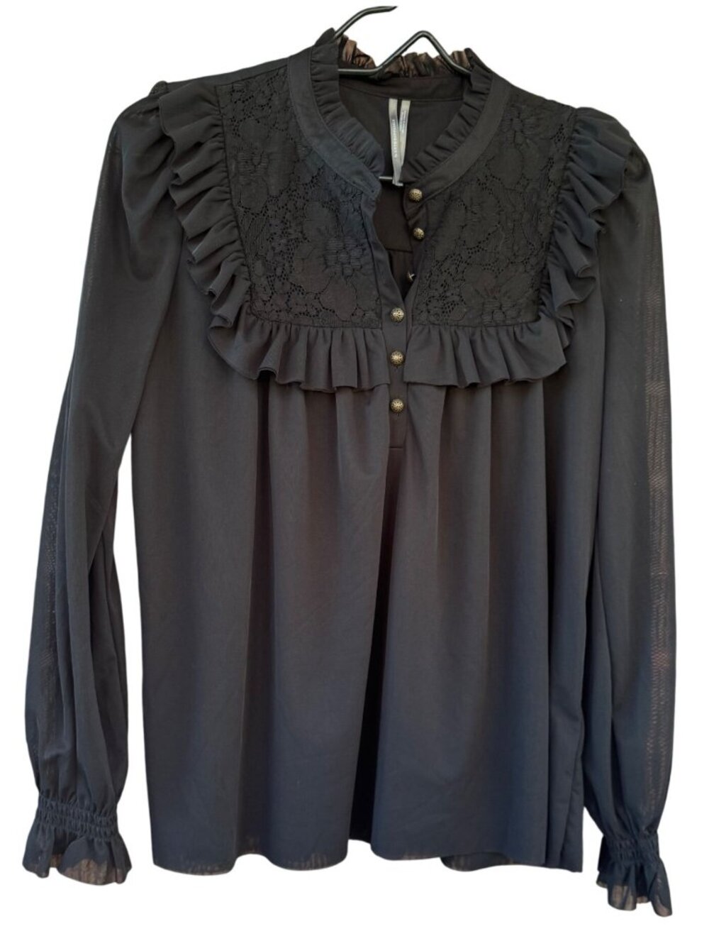 Anthropologie Black Lace Ruffle Blouse S Boho Sheer Mesh Long Sleeve Top